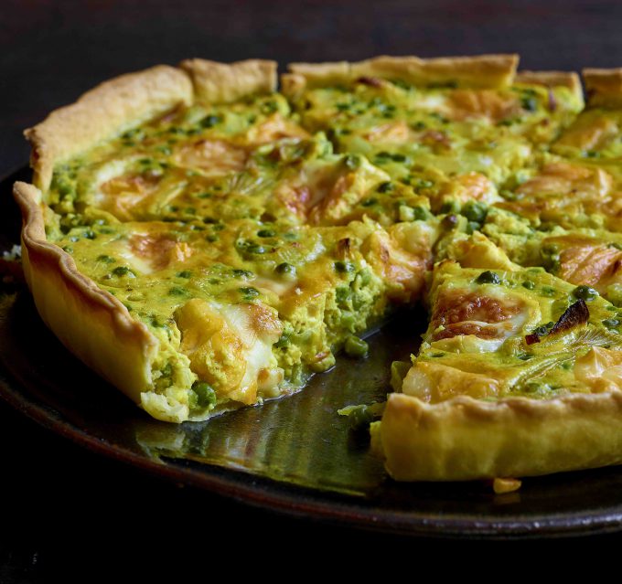 Quiche au Val-Dieu Délice des Moines, petits pois et curry