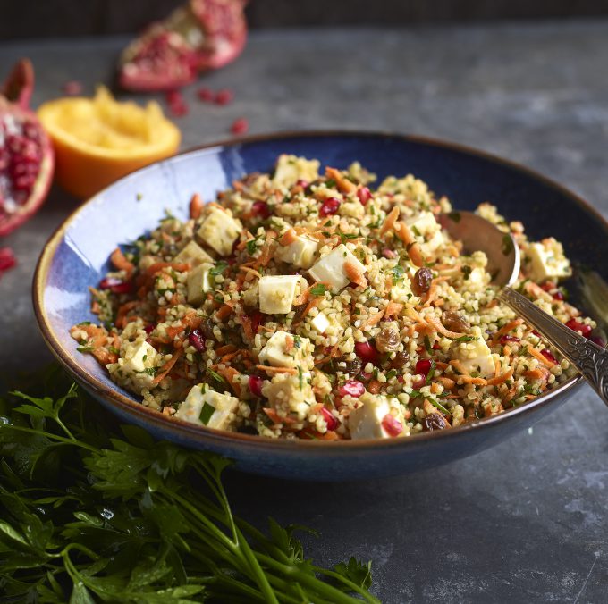 Taboulé de boulgour au Herve, carottes et raisins secs